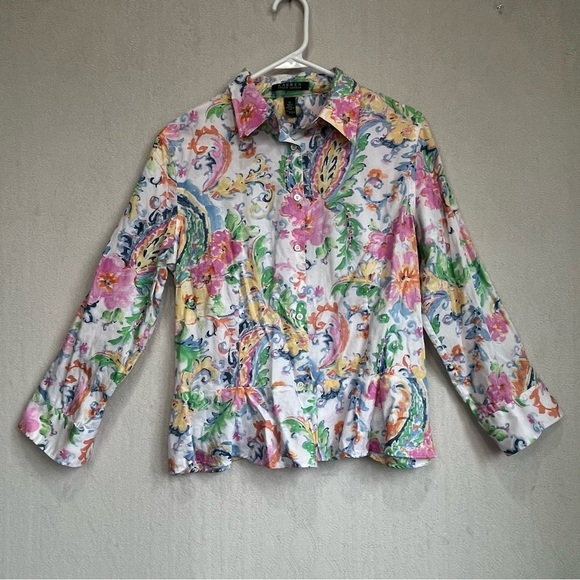 Lauren Ralph Lauren Tops - Lauren Ralph Lauren Colorful Floral Paisley Button Up Shirt Sz 12 Peplum Office